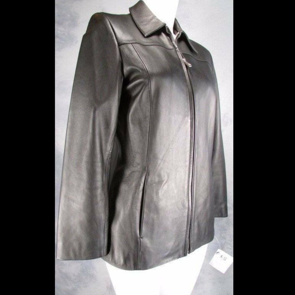 Alfani Womens Black Leather Zip Jacket Size XS